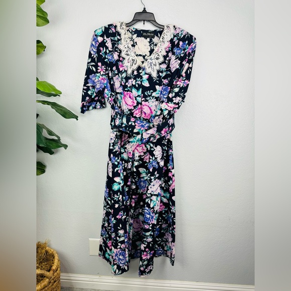 Vintage Ms. Choice Lace Collar Floral Midi 90s Princess Shabby Chic Dress - Picture 2 of 9